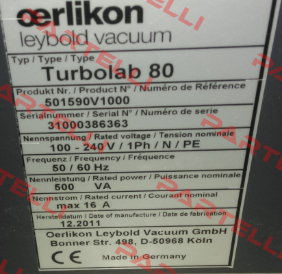 P/N:501590V1000  TYPE:Turbolab 80  S/N:31000386363 Leybold