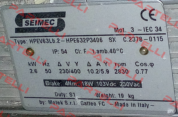 HPE632P3406 , HPEV 63LB 2.6kW 2P 230/400V-50Hz B34 F0 SX IP54  Seimec (Rossi)