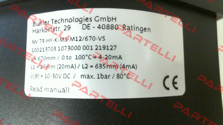 P/N: Q11008002 1073000, Type: NV73-HY-K-MS-M12/670-VS Bühler Technologies