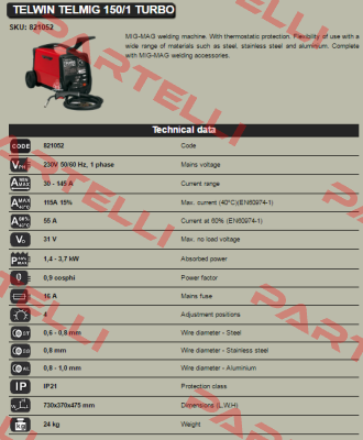 Art. Nr.821052, type  TELMIG 150/1 TURBO  Telwin