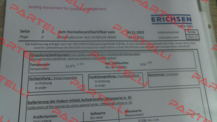 Calibration certificate for 00200131 Erichsen